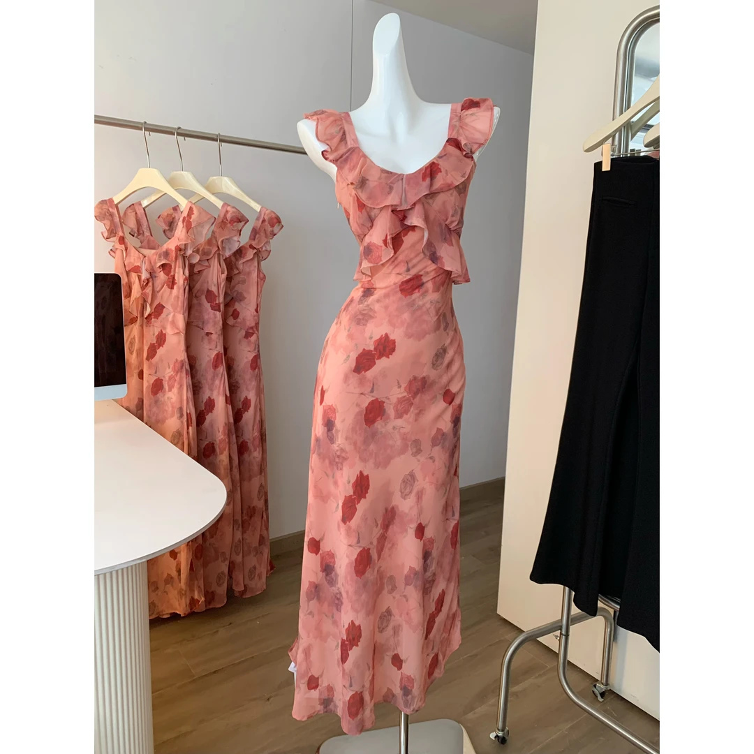 夏季气质显瘦收腰法式玫瑰满印v领背心连衣裙女修身度假风长裙子