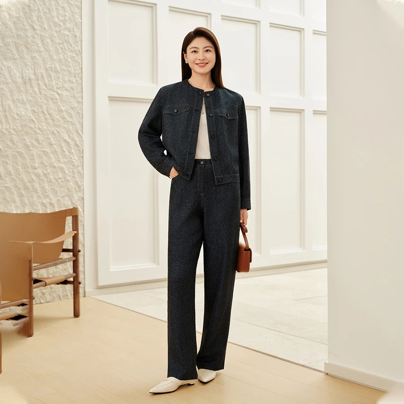 EP雅莹高端系列 弹力垂感仿牛仔肌理直筒休闲裤 2025早秋新6415A