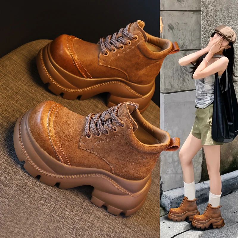 小个子松糕短靴子女内增高9cm高跟新款时尚马丁靴厚底休闲单靴子