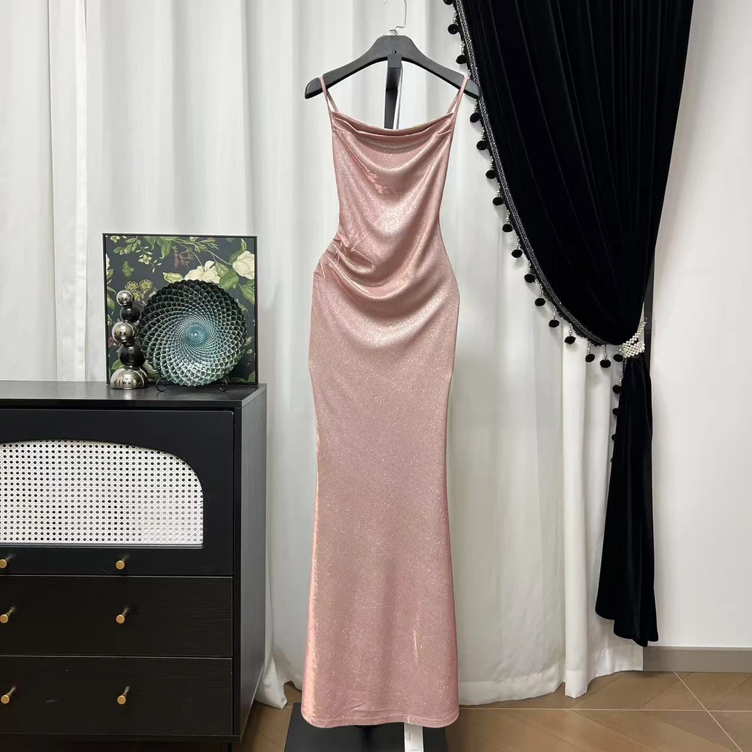 法式吊带连衣裙女秋季高级粉色气质长裙子-粉吊带