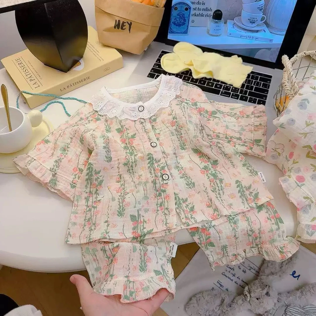 抗静电蕾丝透气家居服套装上衣卡通风宝宝夏款公主童装短袖