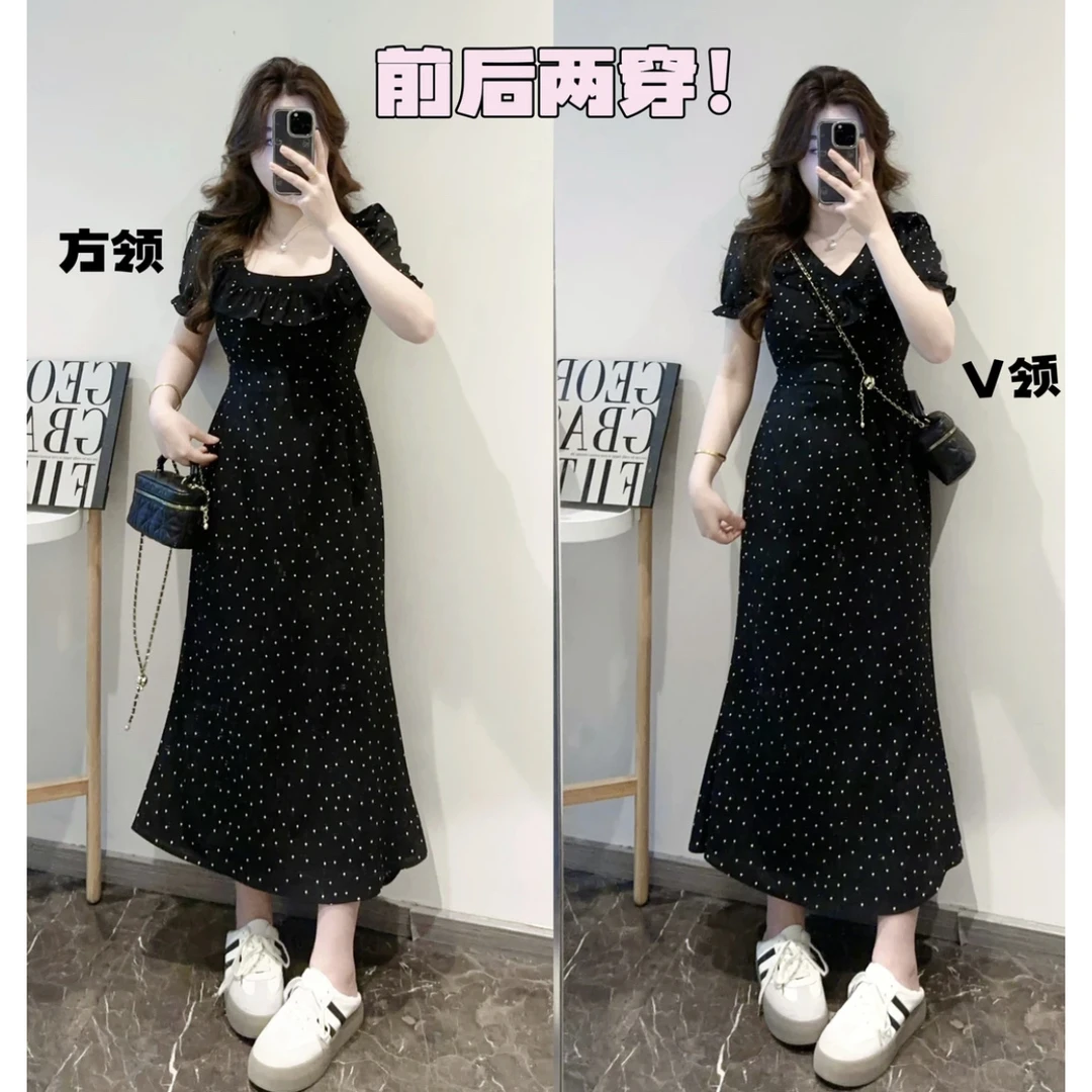 大码法式复古黑色波点方领连衣裙女夏季胖mm收腰显瘦设计感长裙子