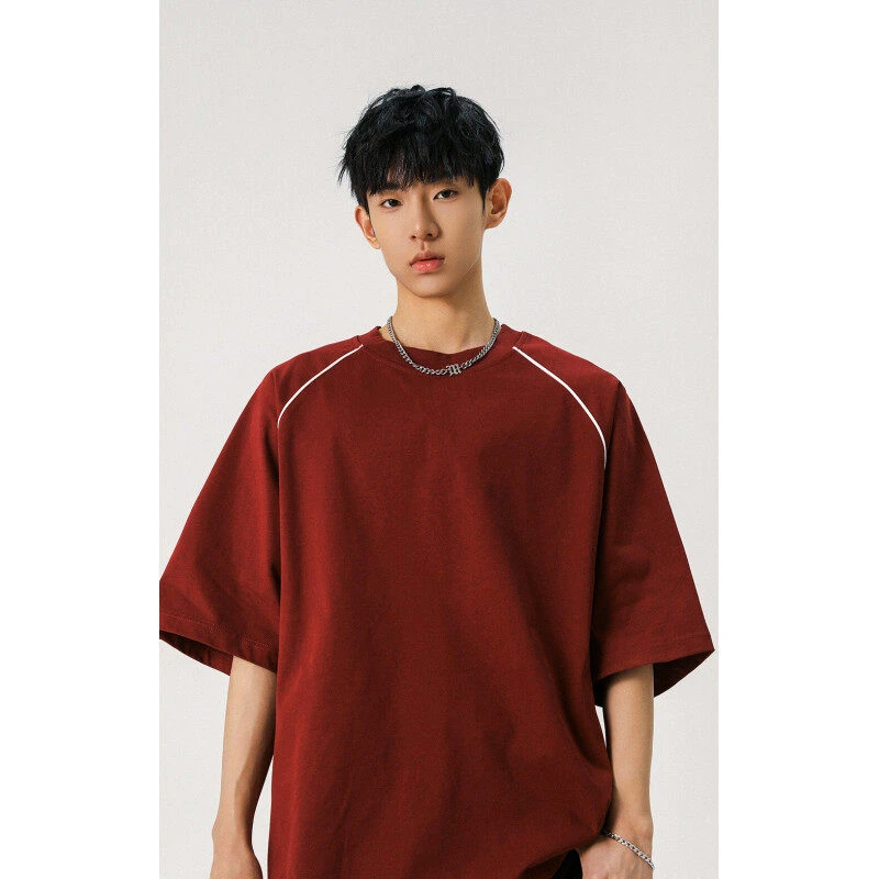 酒红色300g重磅拼接短袖男款夏季美式潮牌纯棉T恤休闲宽松五分袖