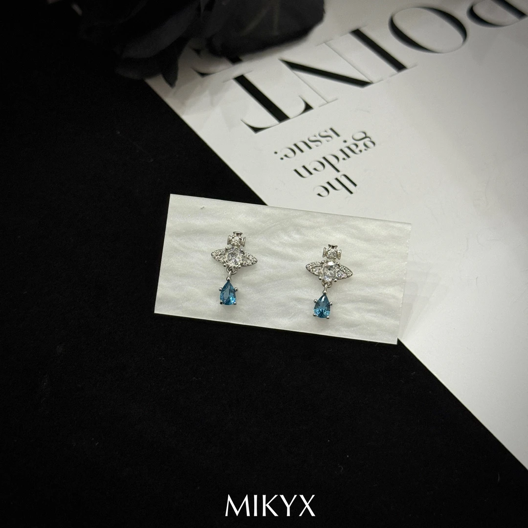 mikyx 铜合金合成锆石耳饰 蓝色女人的眼泪水滴土星耳钉B546