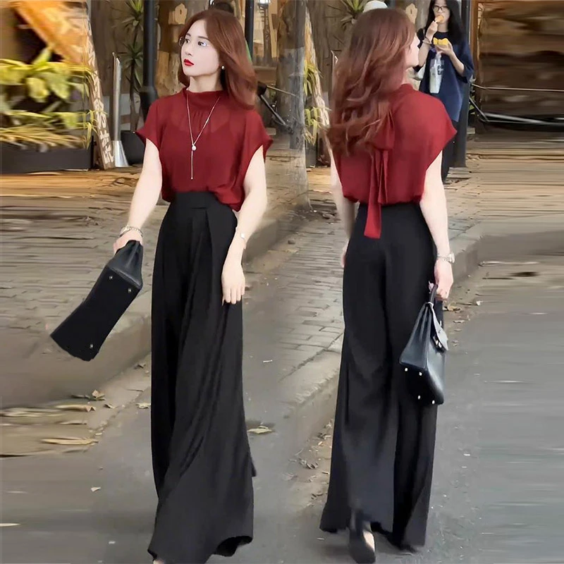 香朵儿经典复古港风套装女士2025夏季新款气质雪纺上衣阔腿裤女