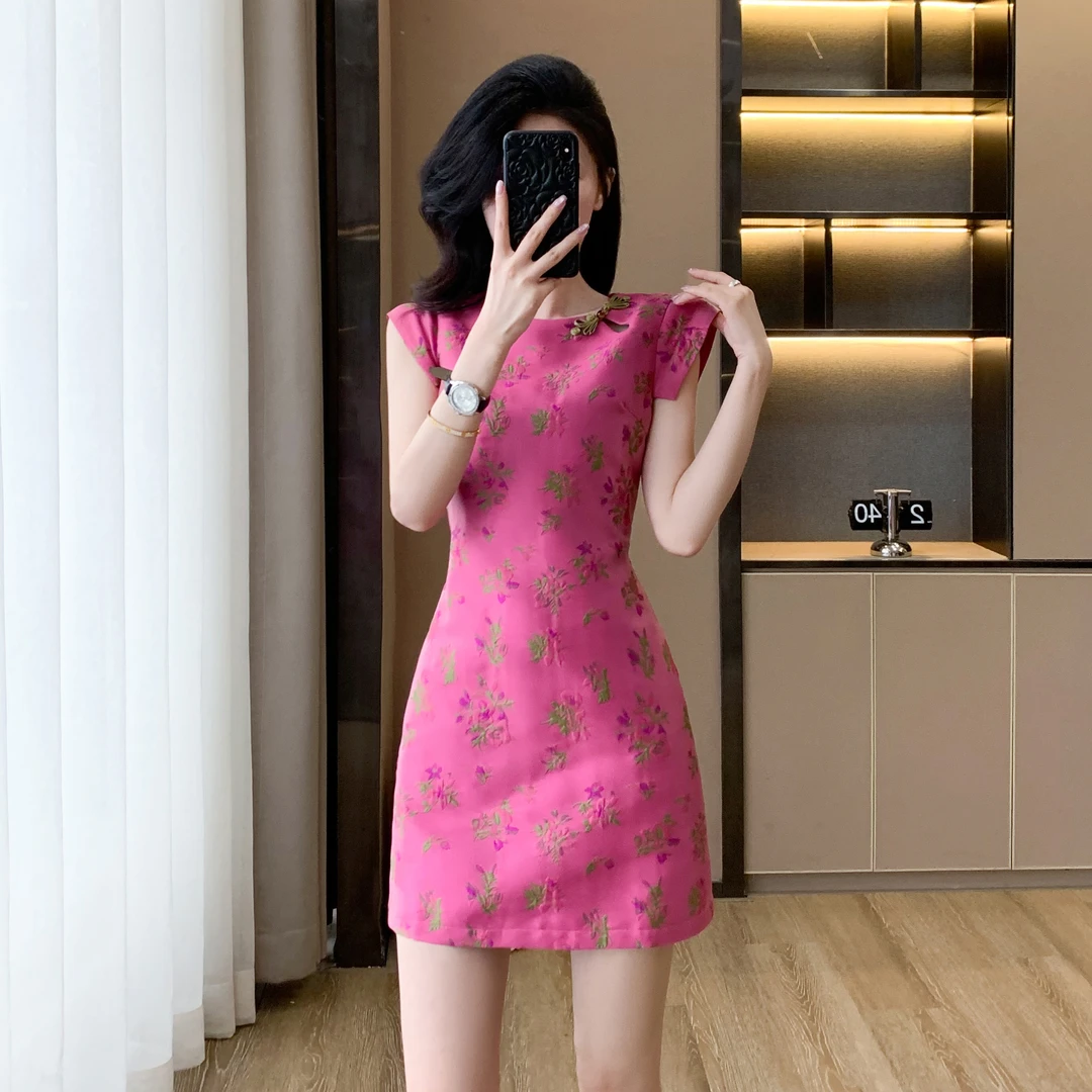 夏季新款女装小个子玫粉色无袖背心裙女新中式国风提花旗袍连衣裙
