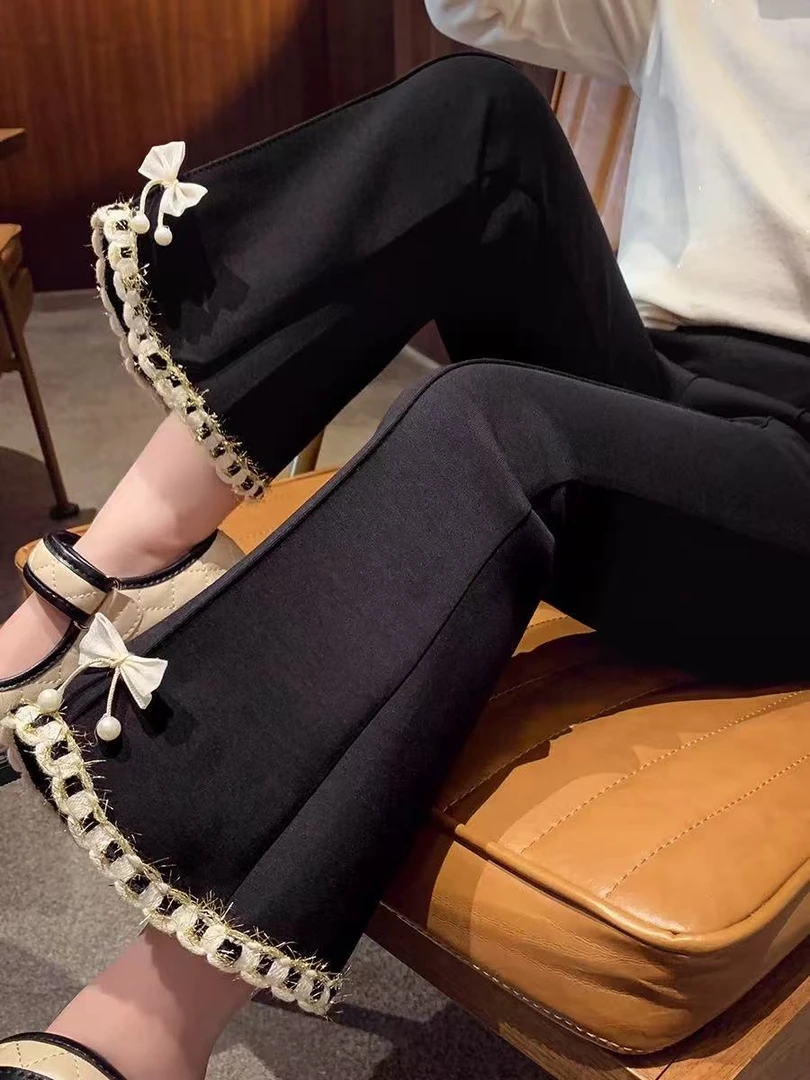 女秋季小香风皮筋腰带休闲裤韩版喇叭裤高腰开叉