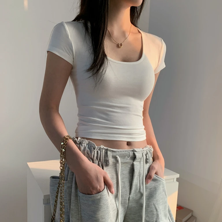 欧货u领正肩短袖T恤女2025年夏新款修身显瘦性感辣妹短款白色上衣