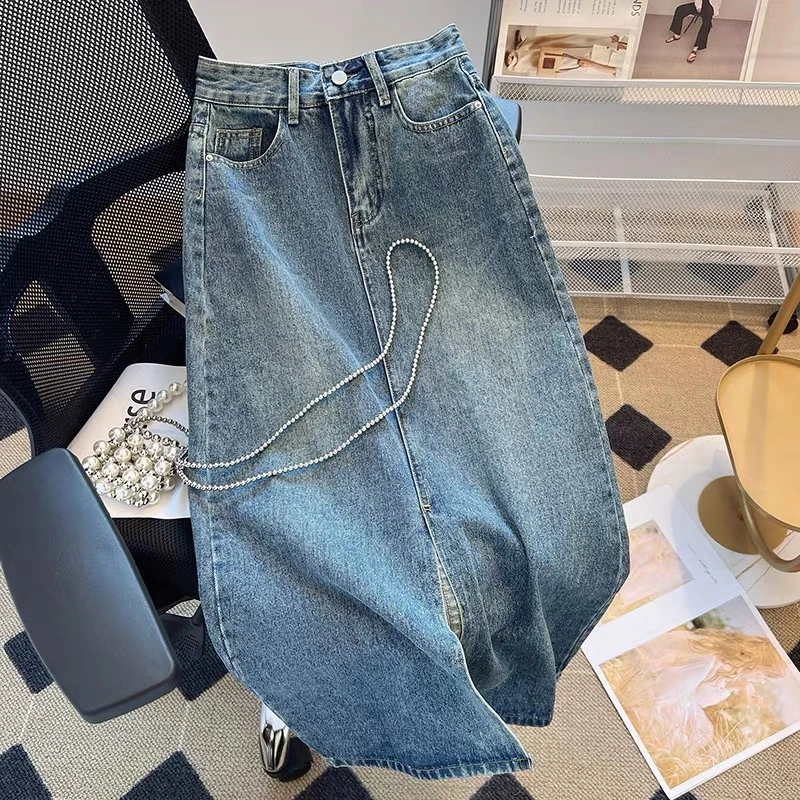 夏季松紧腰大码牛仔裙女高腰梨型显瘦A字长裙胖mm200遮夸裙子女潮