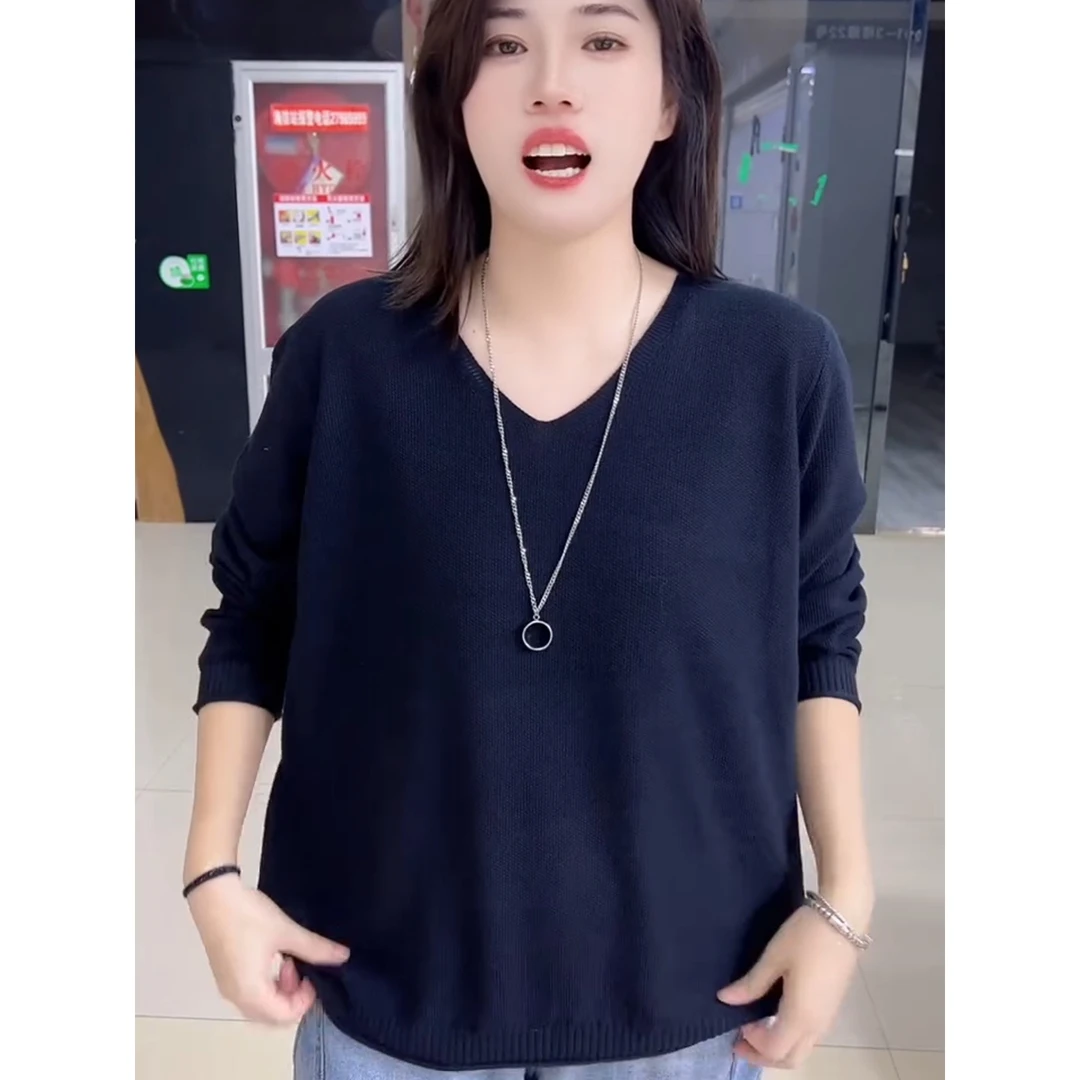 长袖t恤女2025年新款秋冬针织衫时尚V领大码显瘦洋气净版打底衫潮