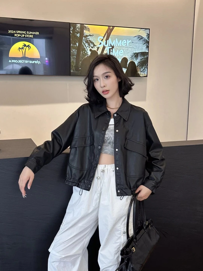 6918 欧货复古流行百搭时尚春季新款皮衣外套