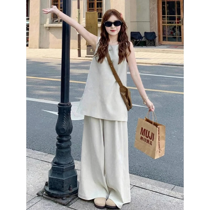 法式减龄休闲运动服套装女夏季OOTD穿搭时尚无袖上衣阔腿裤两件套