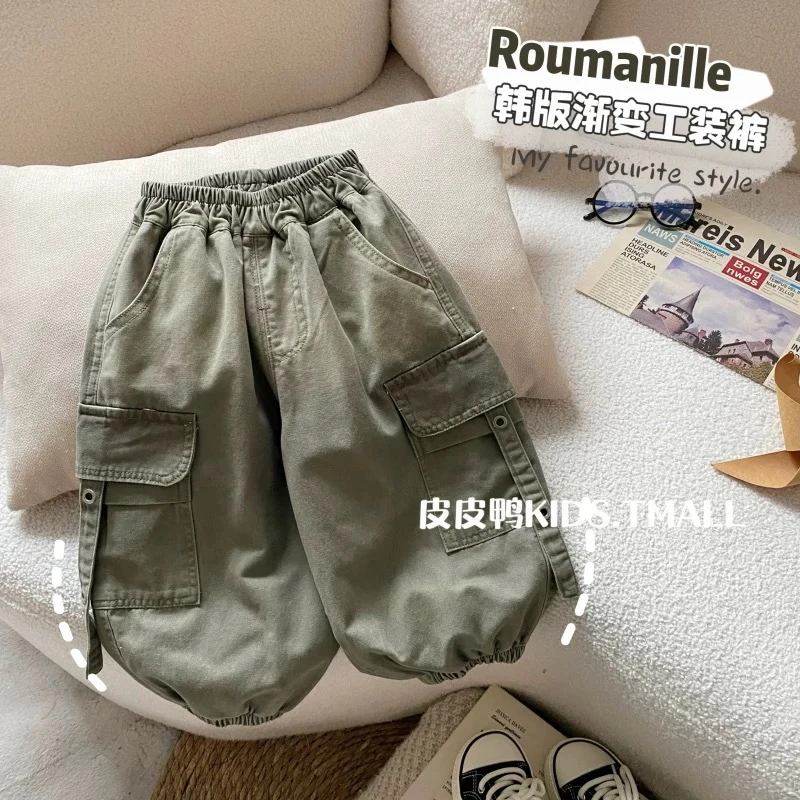 儿童春季新款裤子2025男童洋气宽松休闲百搭水洗棉布工装裤长裤