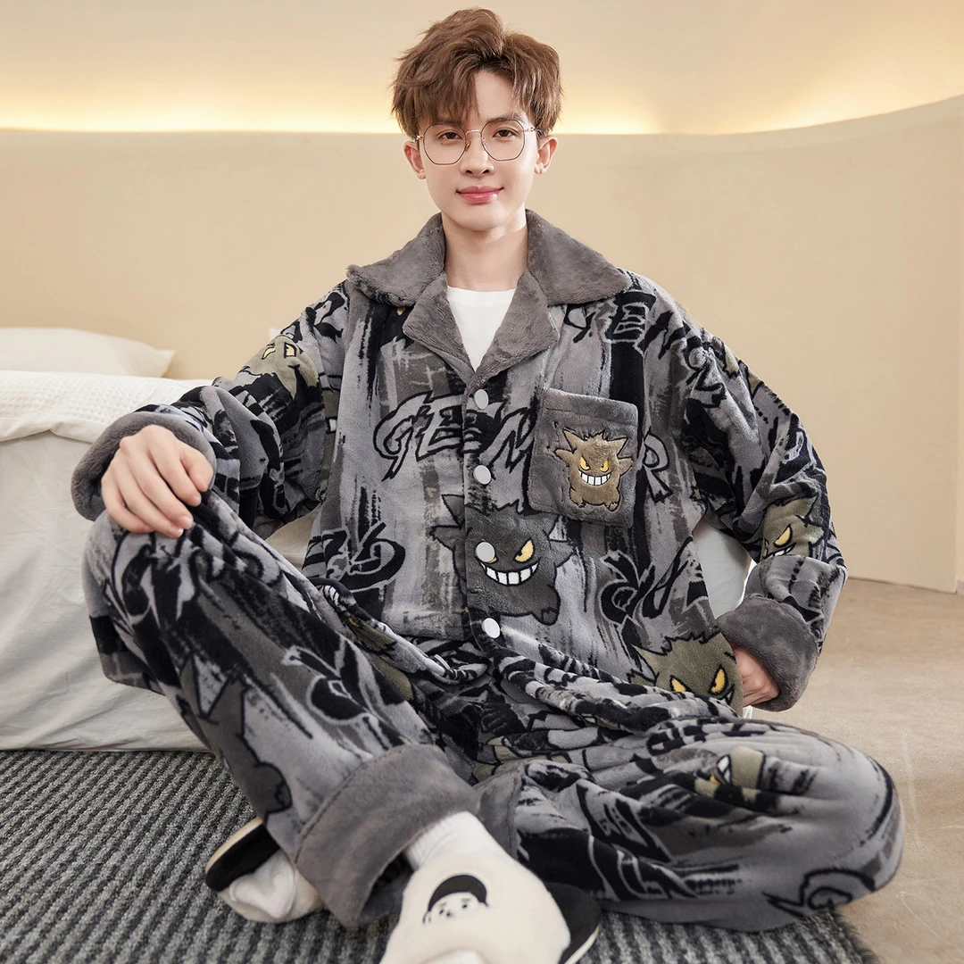 男士睡衣秋冬款珊瑚绒加厚加绒秋冬季开衫加肥加大码法兰绒家居服