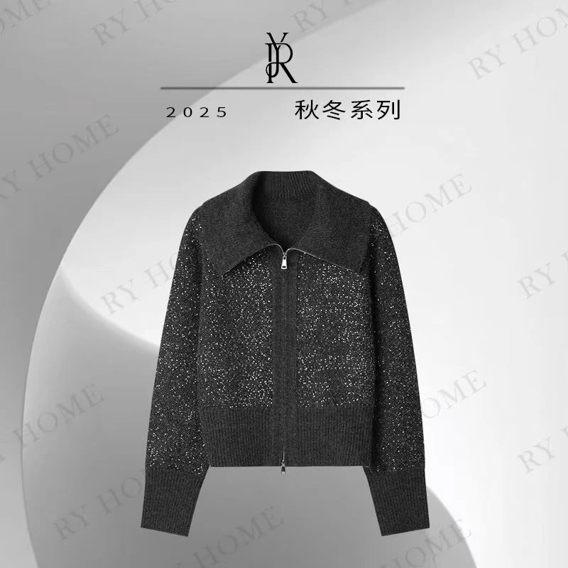 【容雨RYHOME】绵羊毛混纺亮片大翻领拉链羊毛开衫毛衣外套253M3219