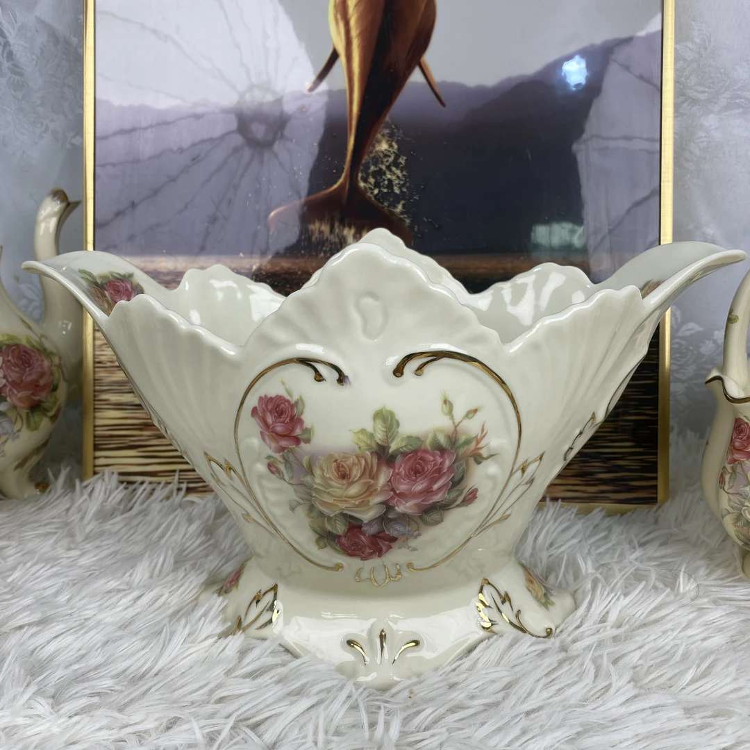 欧式陶瓷老镇玫瑰系列描金浮雕大果盘