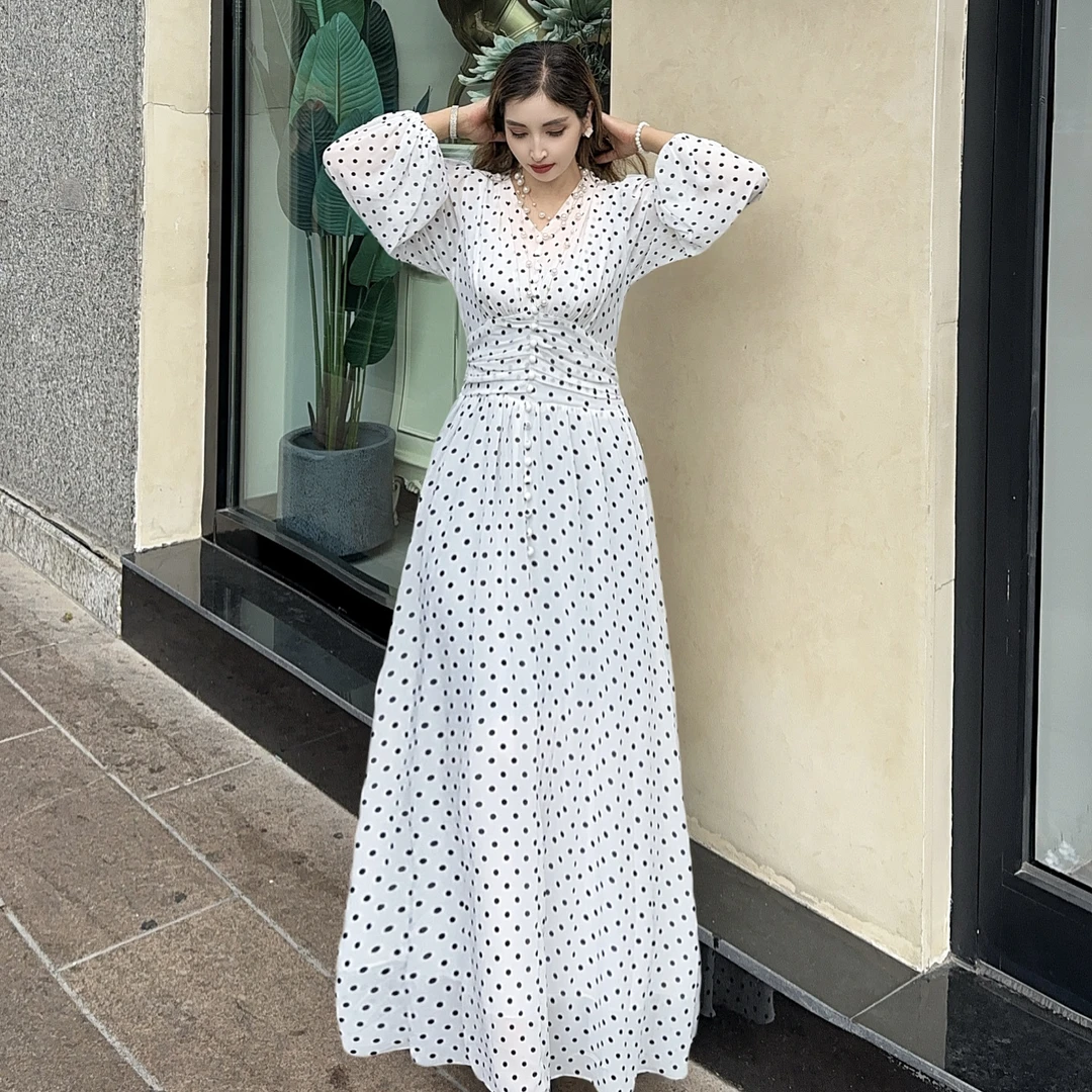 法式复古波点加长款修身收腰大摆连衣裙
