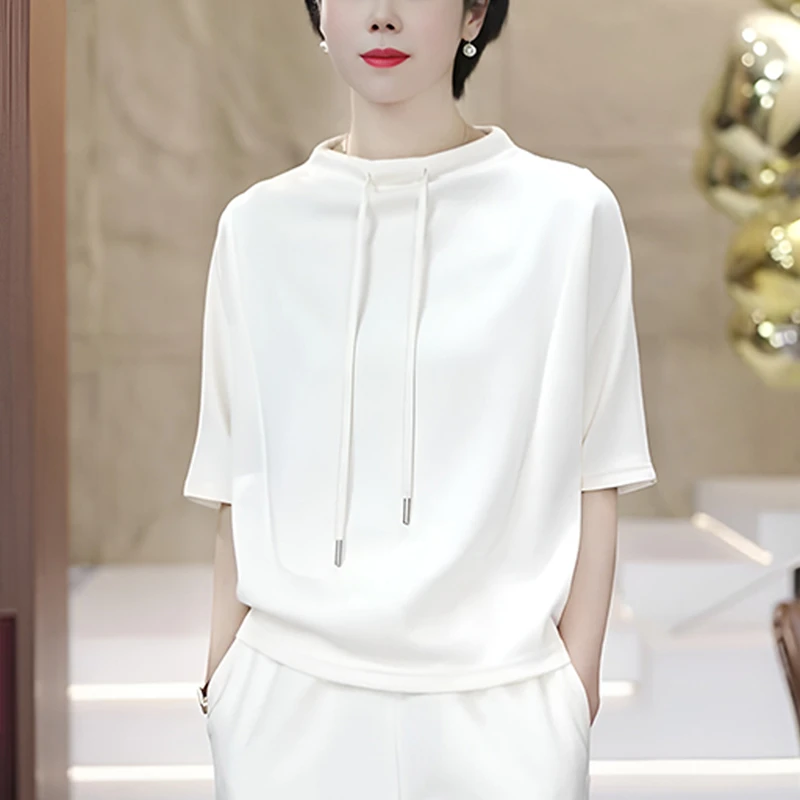 高含棉时尚纯色拼接卫衣五分袖女2025夏季新款高含棉时髦修身上衣