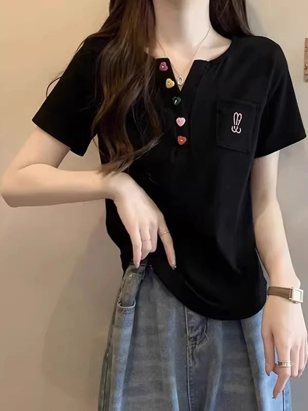 1192常规INS风短袖T恤夏季v领短袖t恤显瘦夏装ins减龄设计感上衣