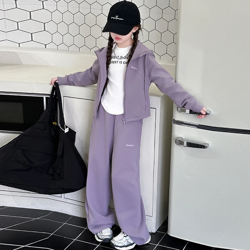 女童套装春秋款2025新款儿童连帽卫衣外套中大童阔腿裤运动两件套