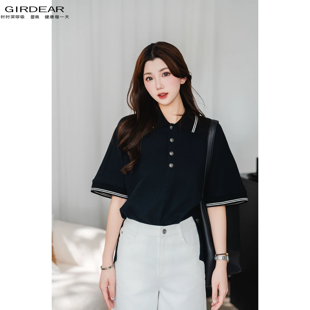GIRDEAR/哥弟春夏新款时尚休闲质感百搭polo短衬衫上衣女 1300890