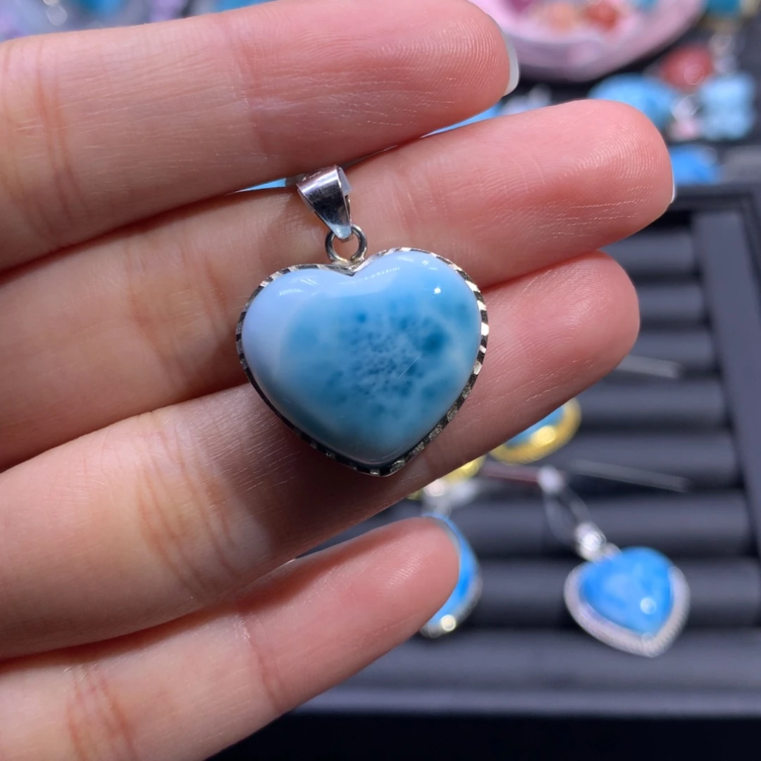 针钠钙石（海纹石）银S925镶嵌吊坠(不含链)爱心吊坠色差略异