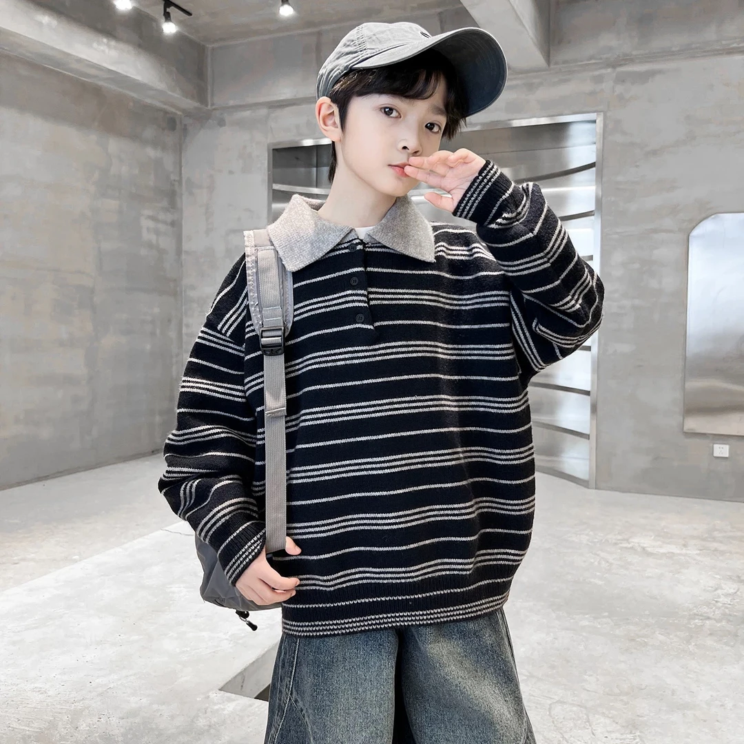 【条纹轻奢毛衣】男童秋冬季宽松翻领针织衫上衣中大童洋气韩版新款