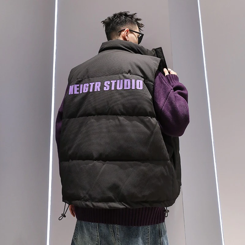 日系潮牌90白鸭绒马甲男秋冬季痞帅潮流个性字母炸街黑色坎肩背心