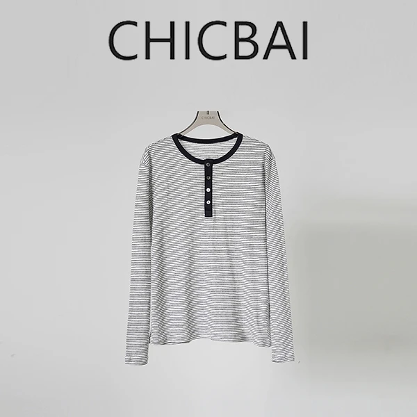 CHICBAI 金银丝亚麻色织亨利领长袖T恤