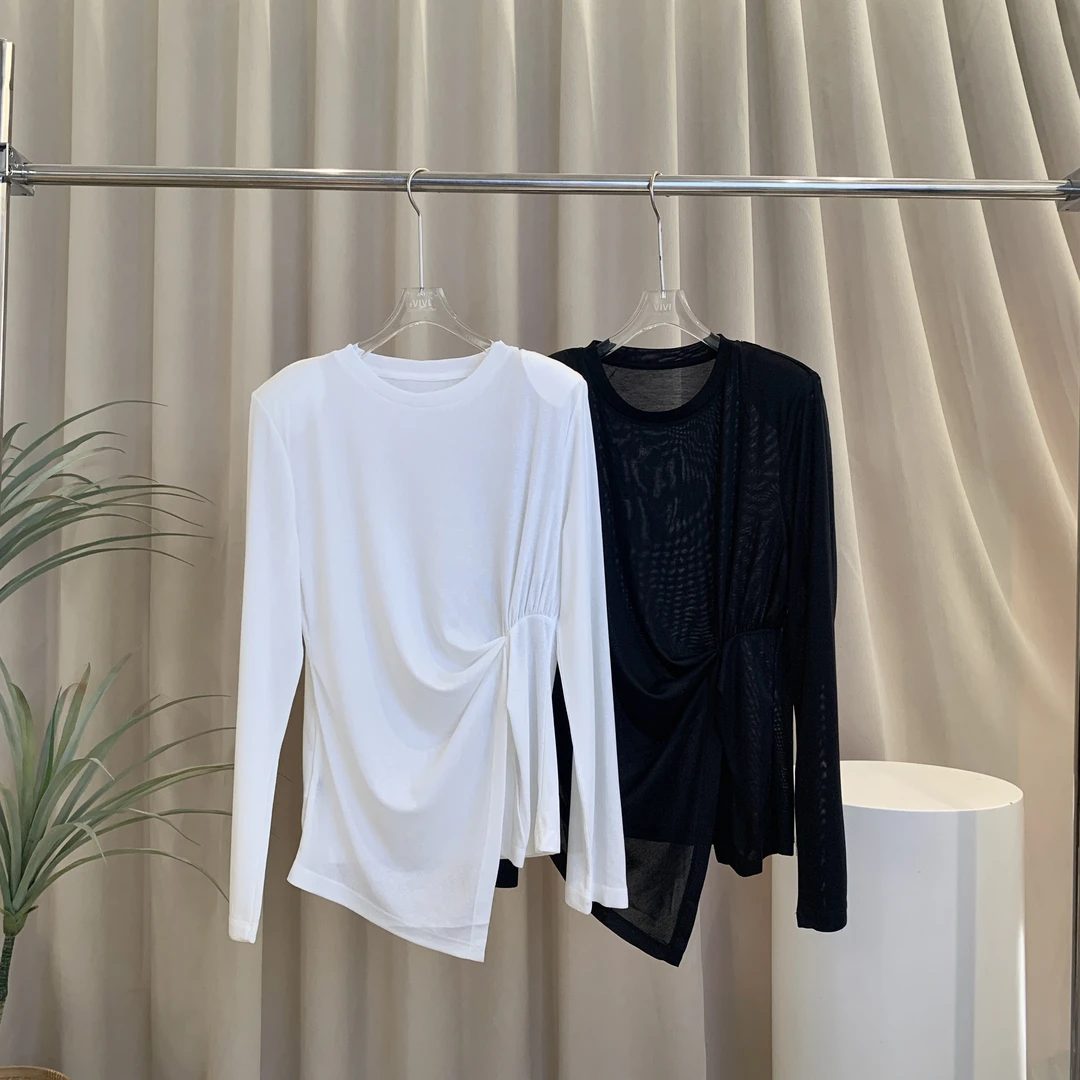 DEZI宝藏衣橱长袖褶皱收腰显瘦不规则下摆舒适女打底LS8027066