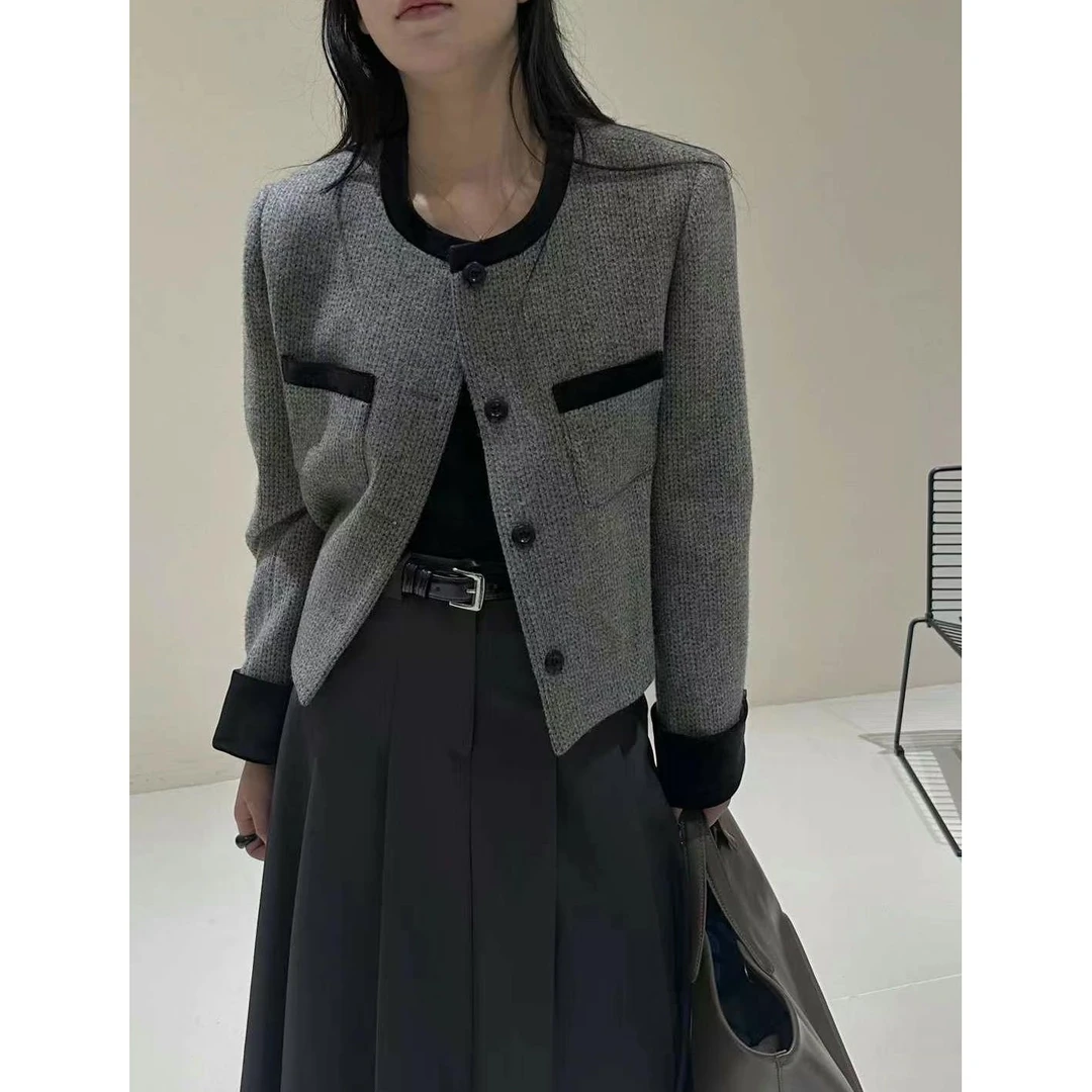 KIKI严选：25125-1+9家欧洲站南油秋季新款拼色圆领小香风外套