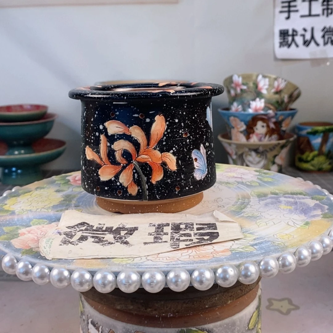 紫砂花盆懂****暖红陶手绘花盆