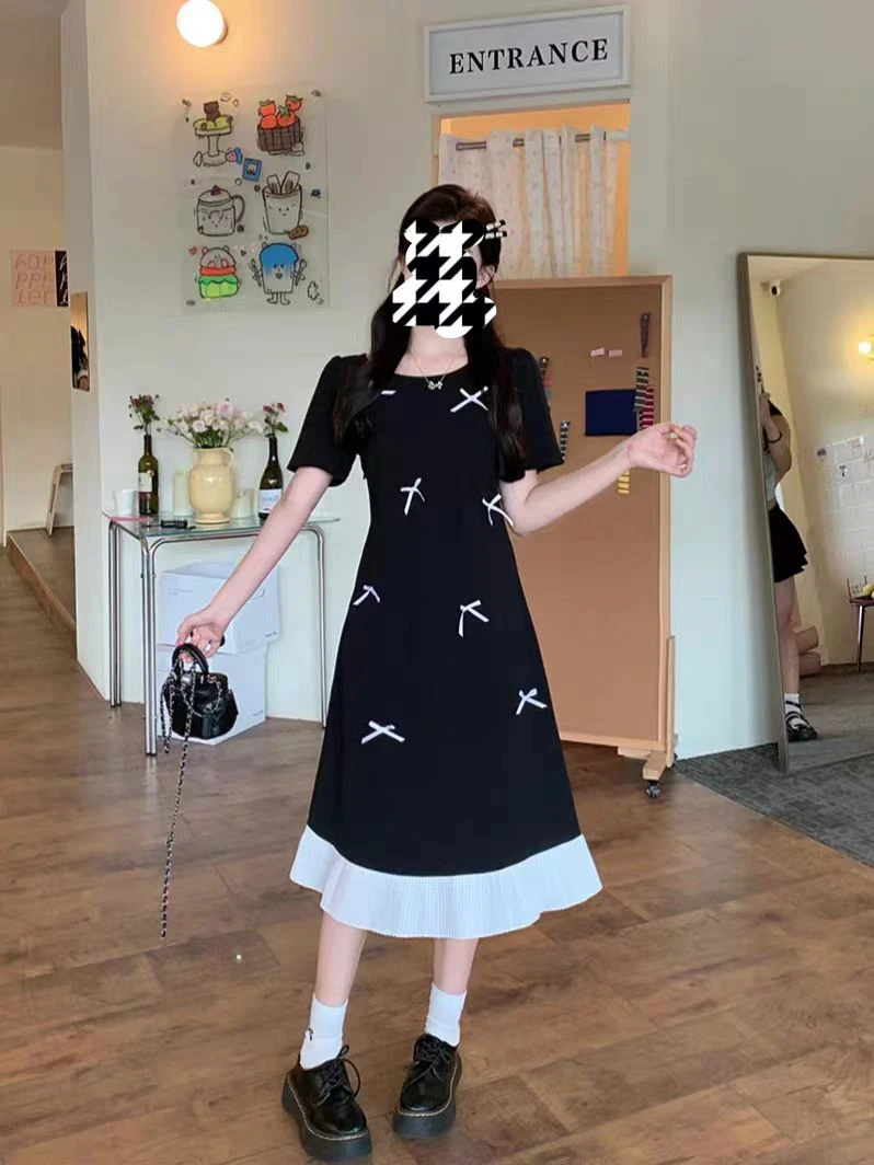 6738拼接蝴蝶结连衣裙