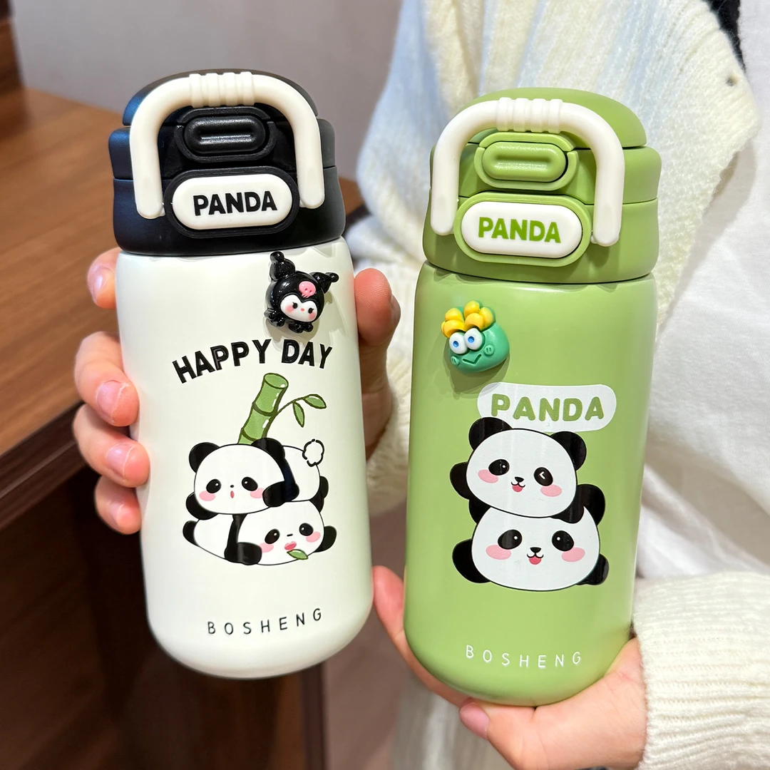 熊猫吸管儿童保温杯可爱学生上学专用水杯316不锈钢一盖双饮杯子