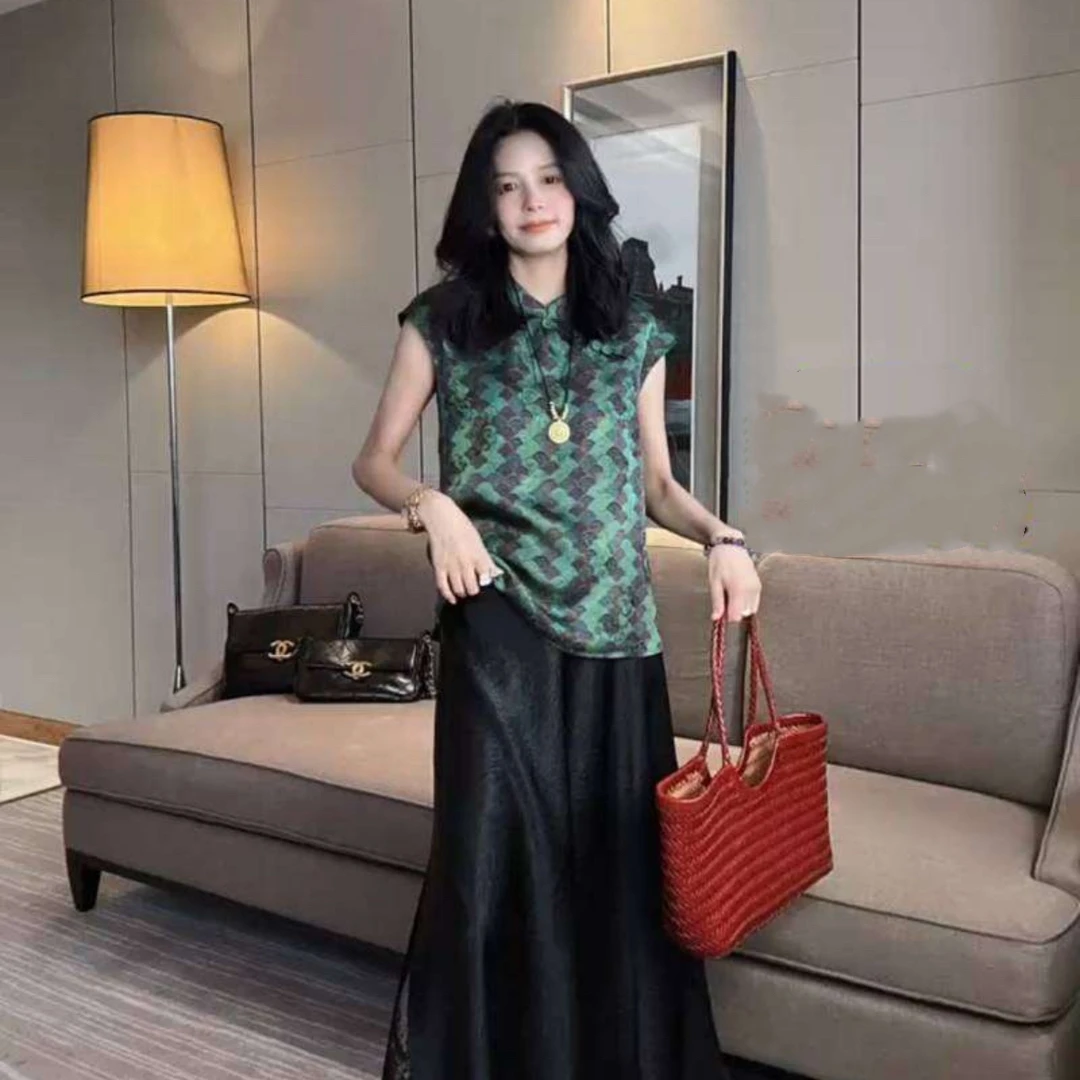 新中式盘扣立领提花拼接衬衫上衣薄款格子开叉夏季减龄百搭女潮