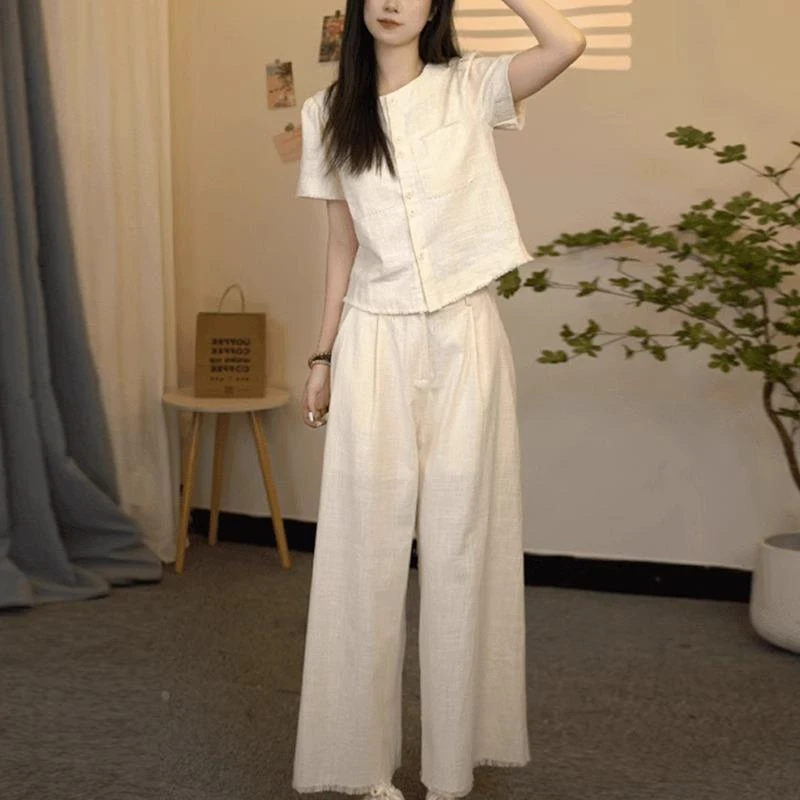 亚麻套装女士夏季大码时尚洋气减龄高端时尚上衣苎麻阔腿裤两件套