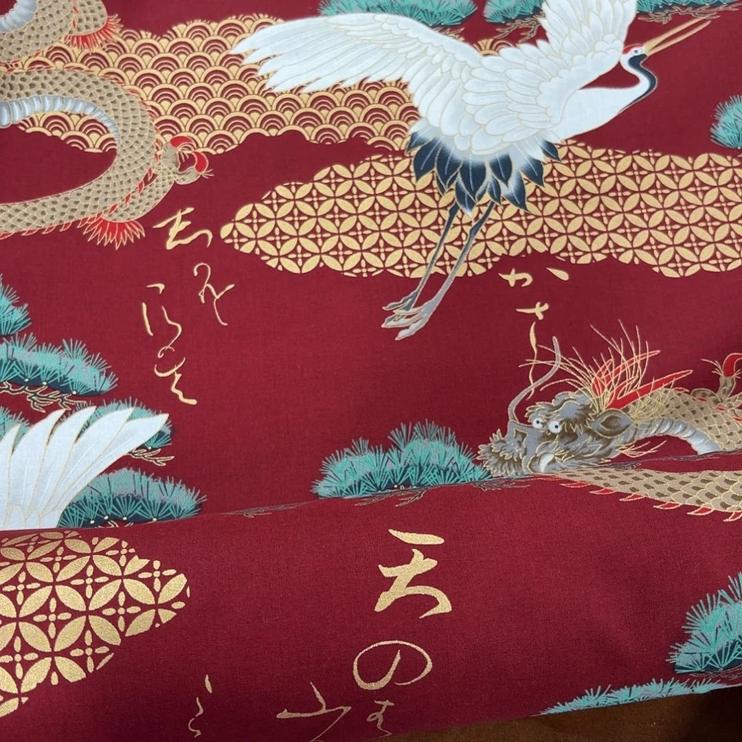 棉国现烫金和风松鹤延年红色一米