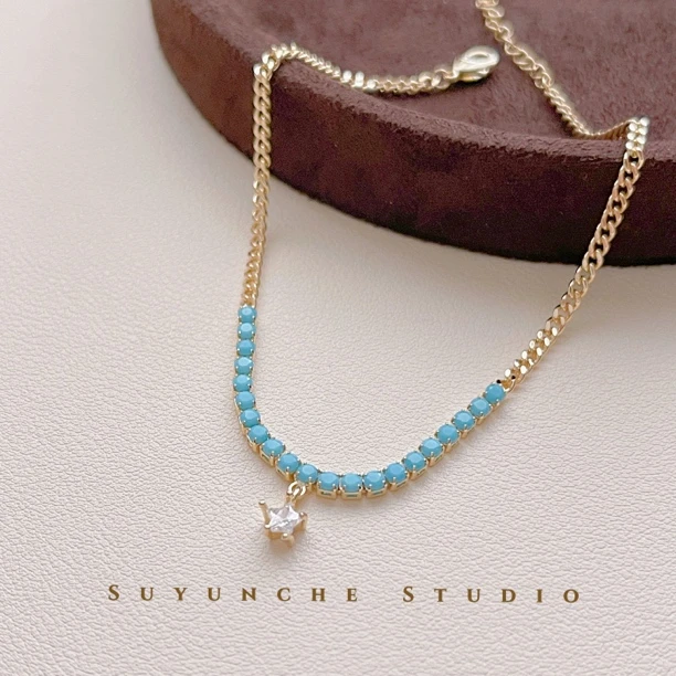 铜合金合成锆石脚链 Suyunche2505脚链轻奢小众拼色蓝色吊坠脚链