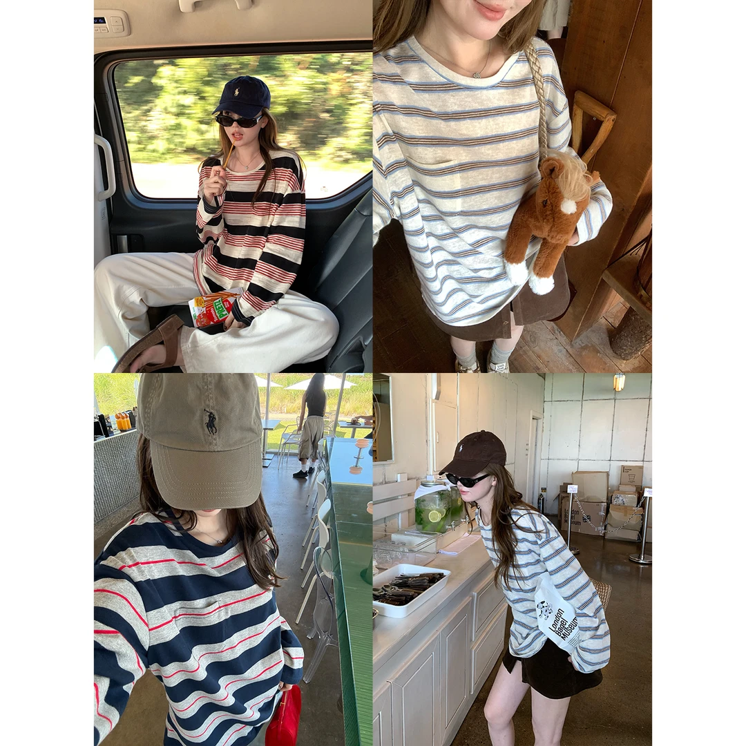 【miu系美学】复古慵懒条纹长袖圆领长袖T22067#