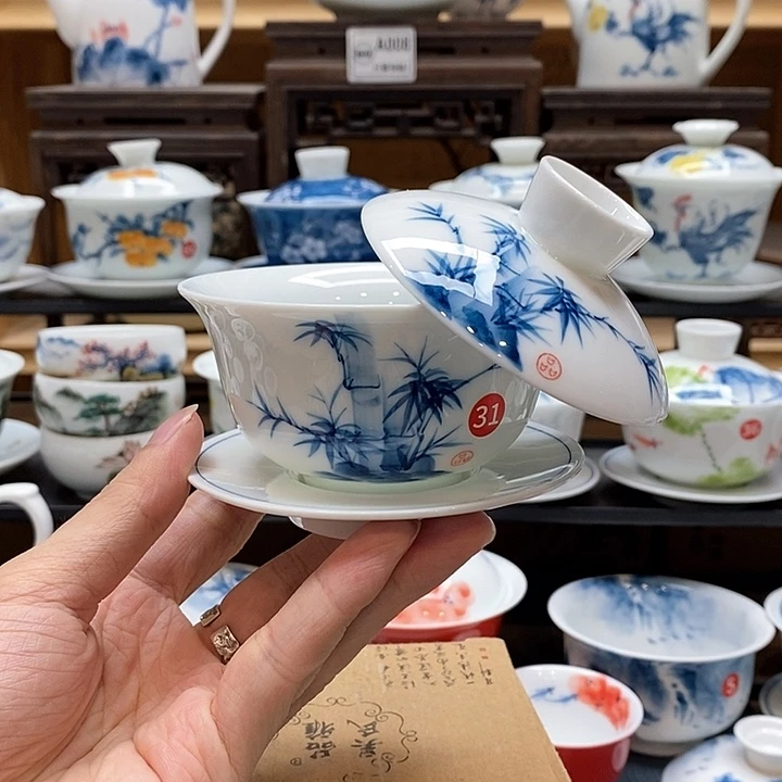 手绘竹子悬停盖碗150cc釉下彩微瑕福利款