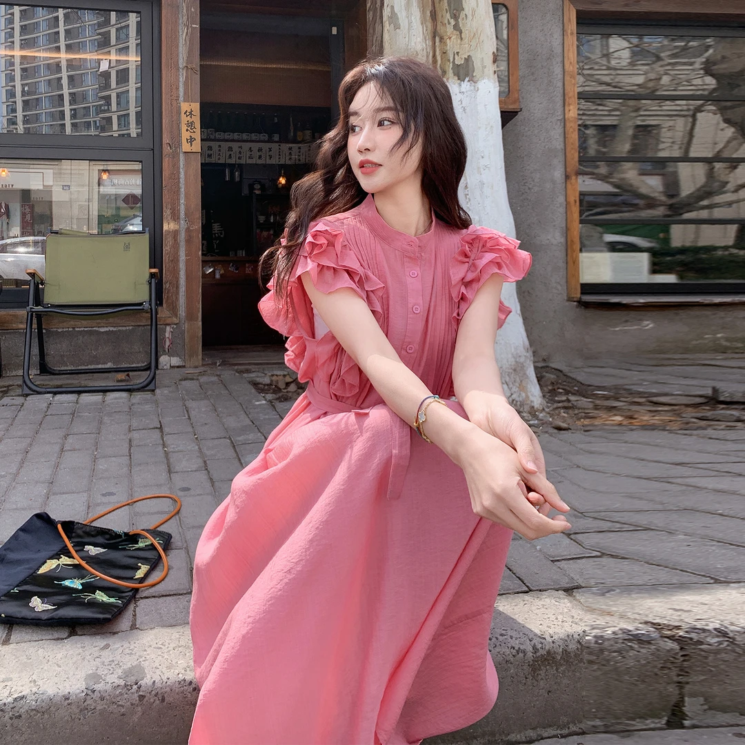 玫粉色小飞袖连衣裙女中长款2025夏季新款收腰显瘦风情万种衬衫裙