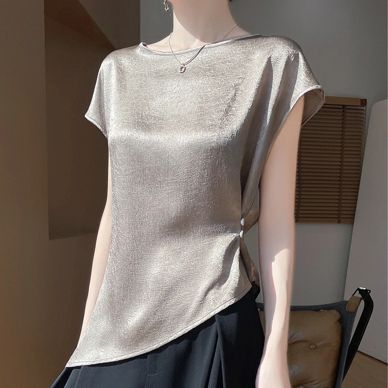 套头衬衫上衣显瘦夏季小衫包袖法式短袖女无袖气质宽松复古百搭