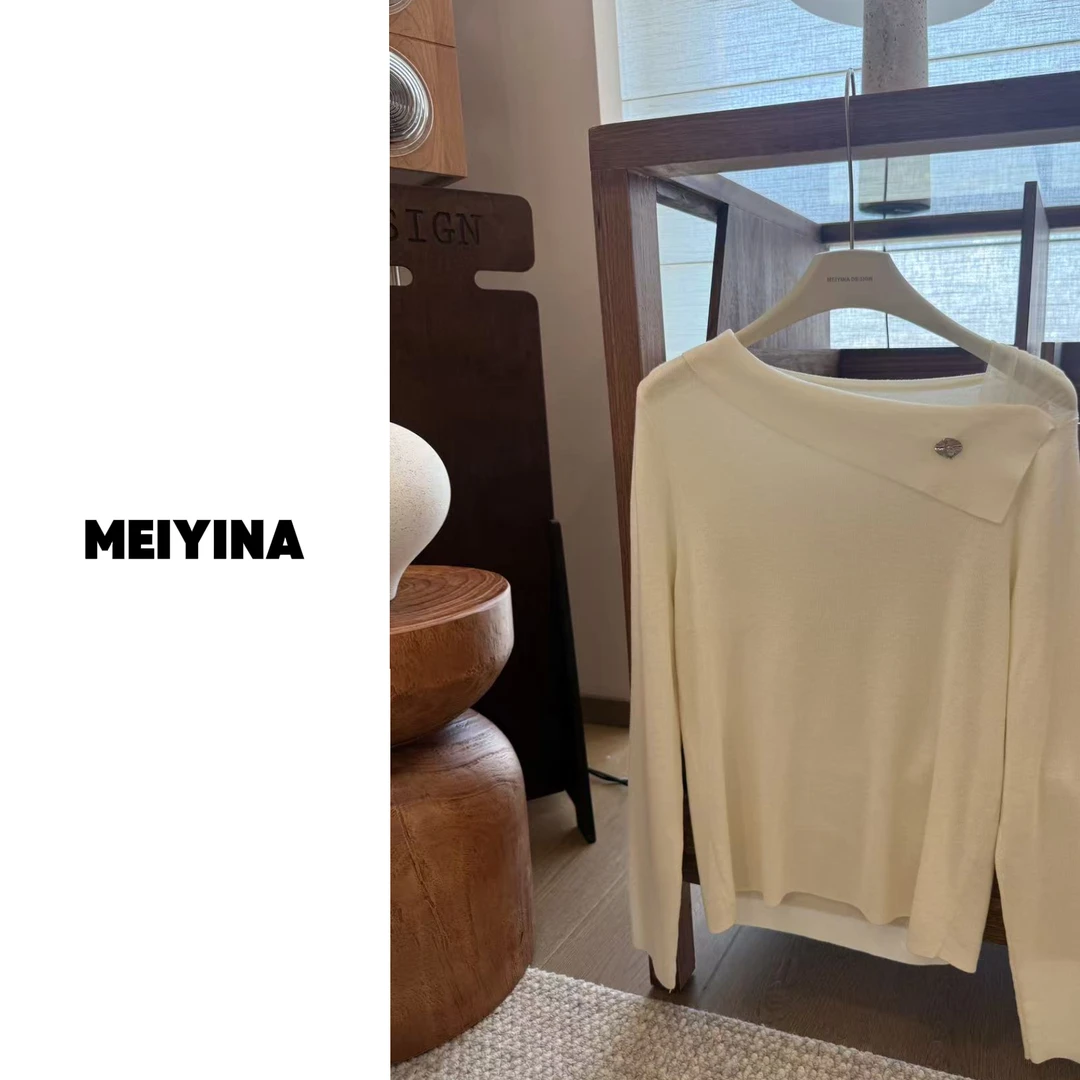 MEIYINA定制 温柔小露肩 羊毛混纺水波扣斜肩针织毛衣