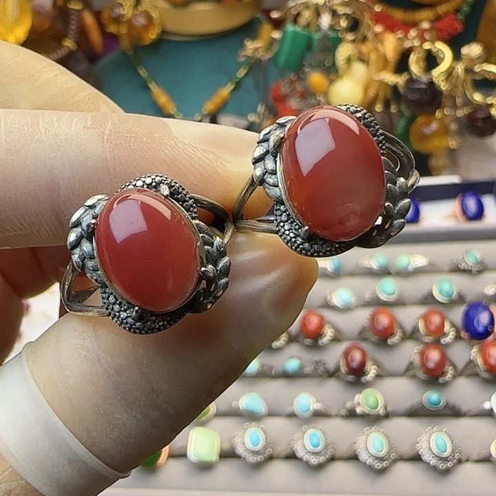 南红玛瑙银S925镶嵌戒指