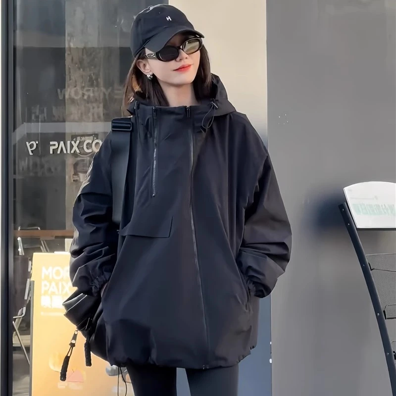 欧货连帽冲锋衣休闲外套女中长款春季新款宽松高级感小个子上衣