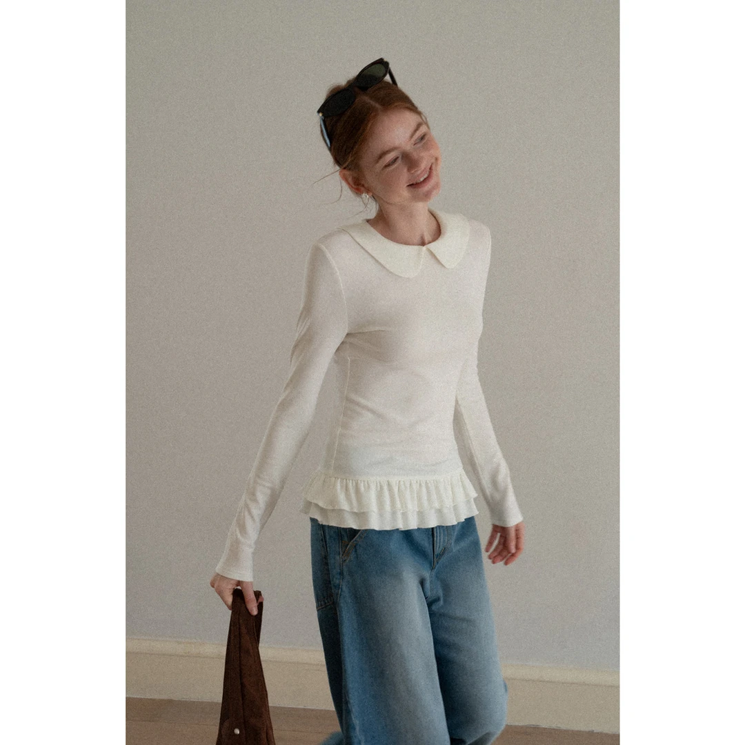 EGGKA白色娃娃领少女风温柔气质荷叶边磨毛修身上衣E25A30510YM