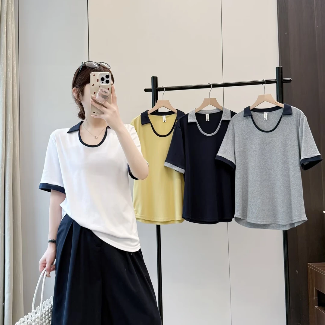 大码女装宽松版吸汗翻领透气T恤纯色宽松小众圆短袖遮肚上衣胖mm