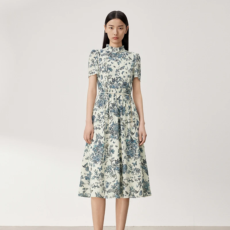 LANCY/朗姿2024夏季新款荷叶领蝴蝶复古印花连衣裙法式收腰裙子女