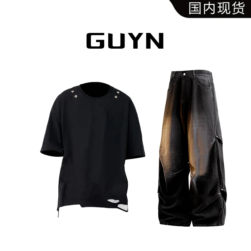 【品牌现货GUYN美式重磅短袖t恤套装男款夏季薄款破洞休闲服一整套