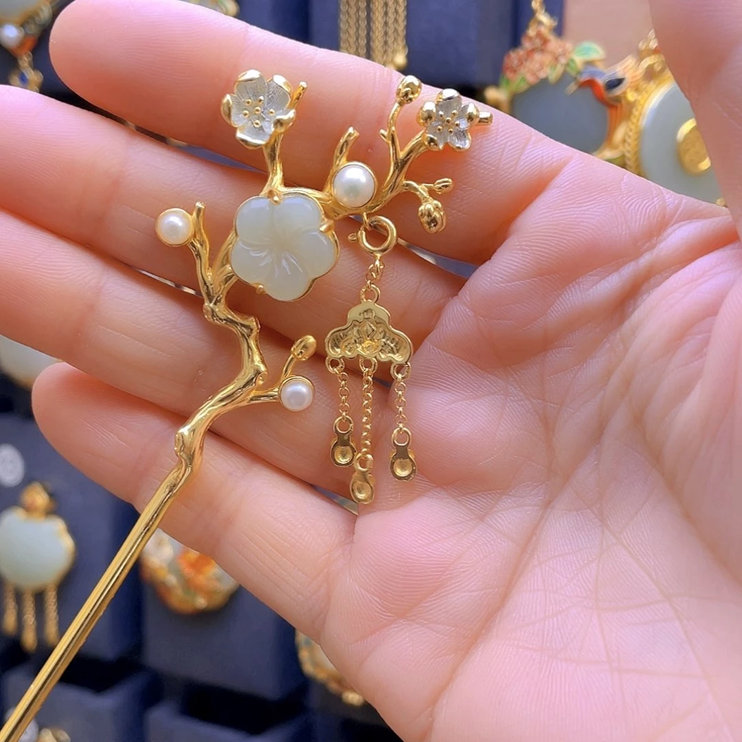 和田玉发饰银S925镀金镶嵌